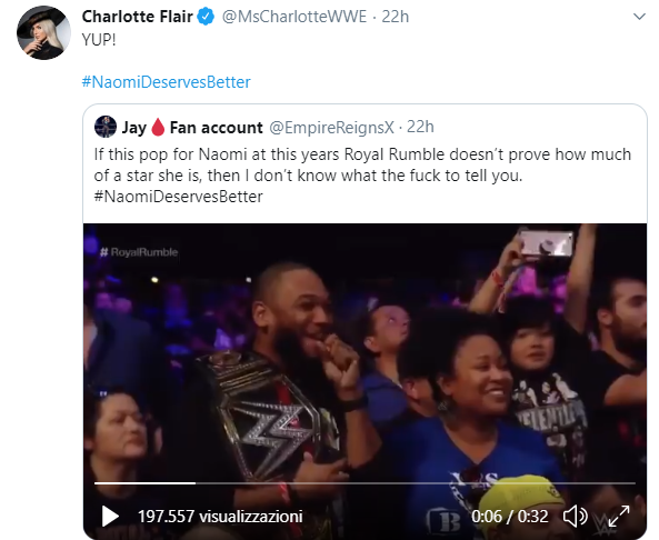 Charlotte Flair criticata per il suo #NaomiDeservesBetter su Twitter