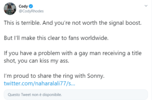 Cody Rhodes risponde al tweet omofobo di un fan rivolto a Sonny Kiss