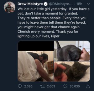 Drew McIntyre tristemente annuncia la morte del suo animale domestico
