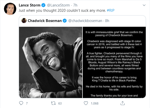 Morto Chadwick Boseman: il cordoglio del mondo del wrestling