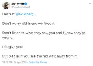 Bray Wyatt perdona Goldberg con un messaggio su Twitter