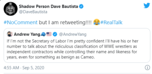 Batista ritwitta le dure critiche di Andrew Yang rivolte a Vince McMahon