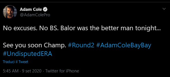 Adam Cole si complimenta con Finn Bálor dopo il match titolato ad NXT