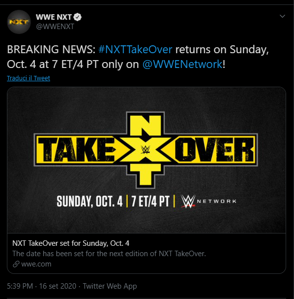 NXT TakeOver: annunciata la data del prossimo evento