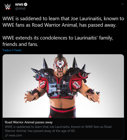 Road Warrior Animal: la WWE commemora la sua scomparsa