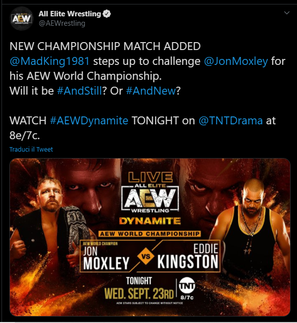 AEW Dynamite: annunciato match titolato per la puntata di stanotte
