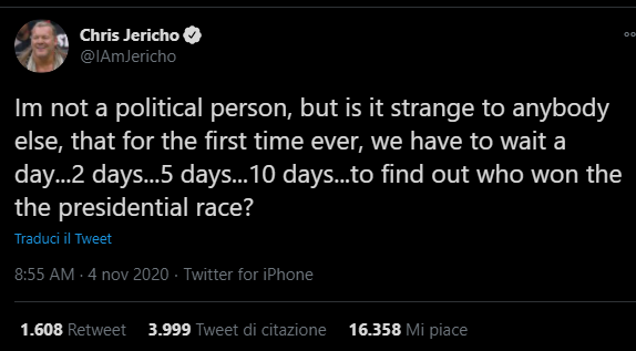 Chris Jericho: critiche per il suo tweet sulle elezioni USA