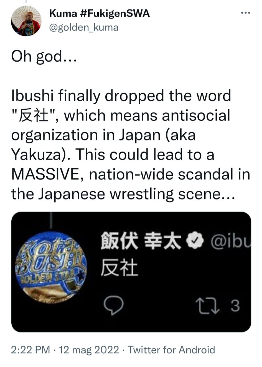 Yakuza menzionata da Kota Ibushi sui social