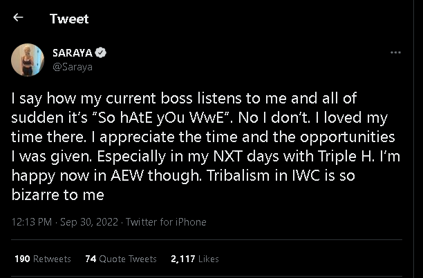 Saraya: chiarimento sul suo promo a AEW Dynamite