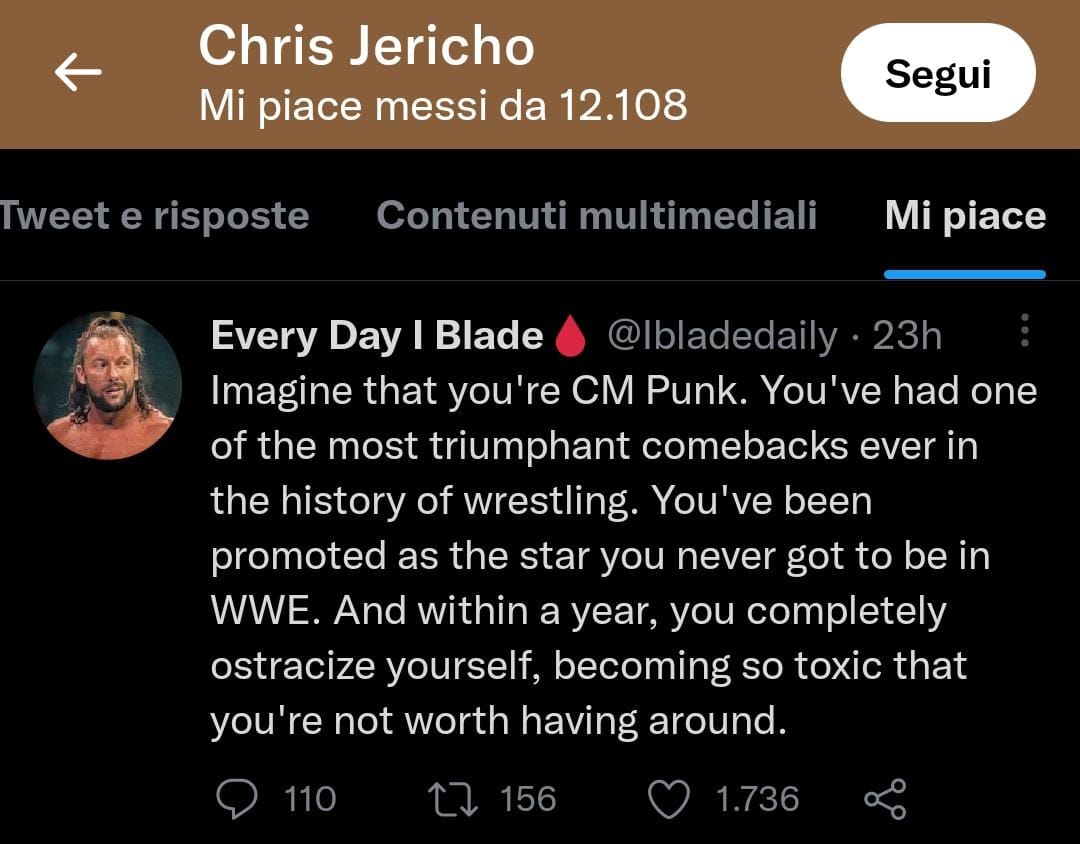 Chris Jericho: like su Twitter ad un post contro CM Punk