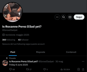 Roxanne Perez riceve minacce di morte sui social L'account @Isroxd3adyet su X