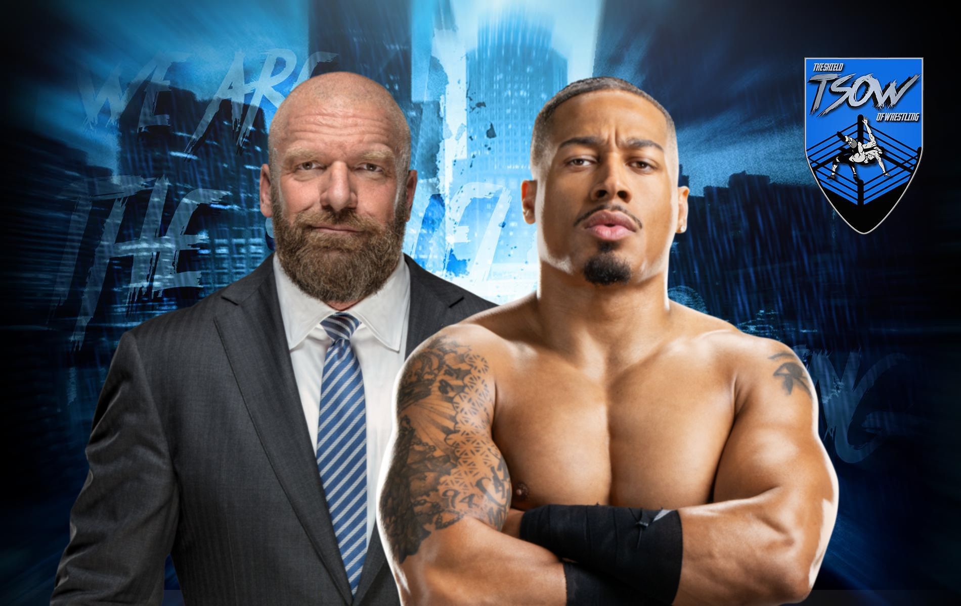 Triple H si congratula con Carmelo Hayes per la vittoria