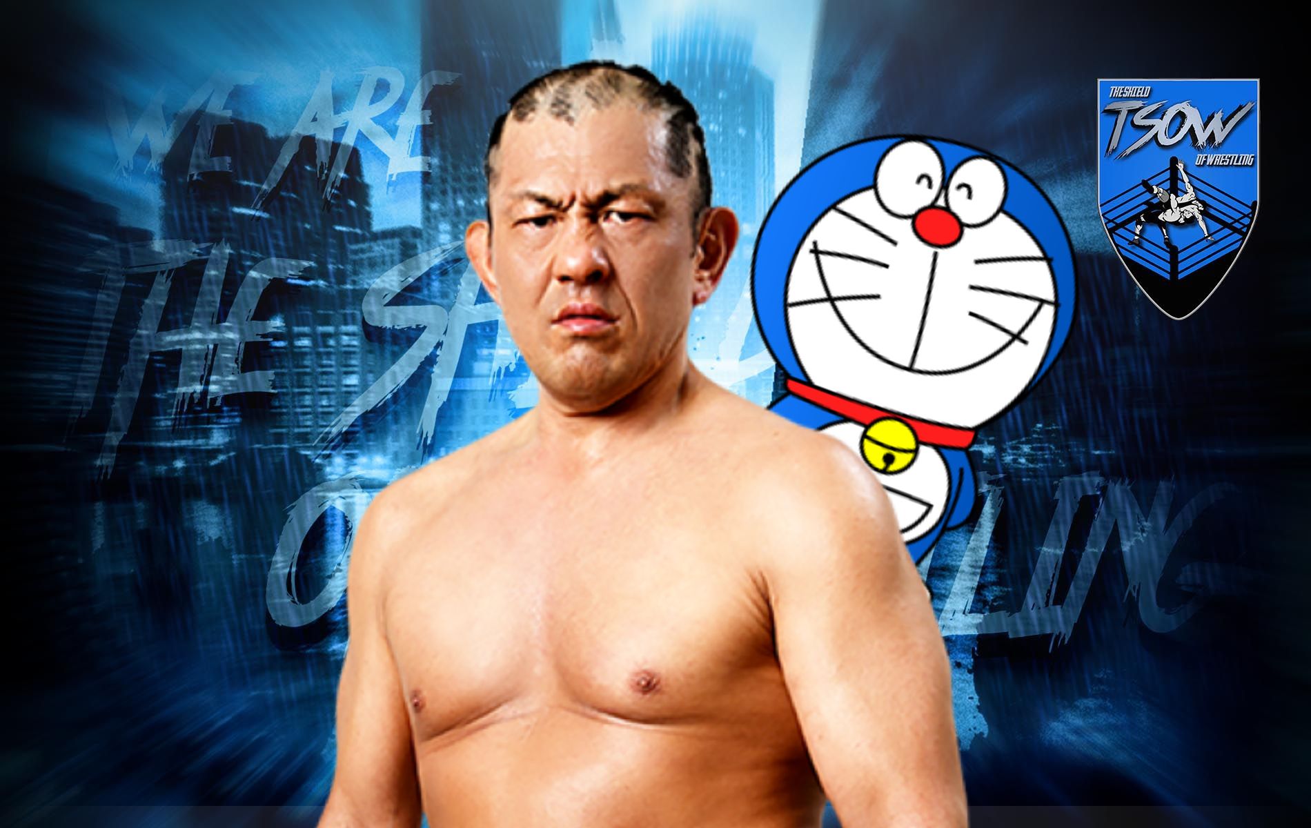 Minoru Suzuki vestito da Doreamon per un match